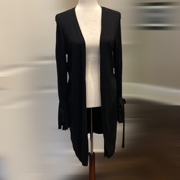 Halogen Long Open Front Duster Sweater Cardigan Ties At Cuffs Black S - Picture 1 of 6
